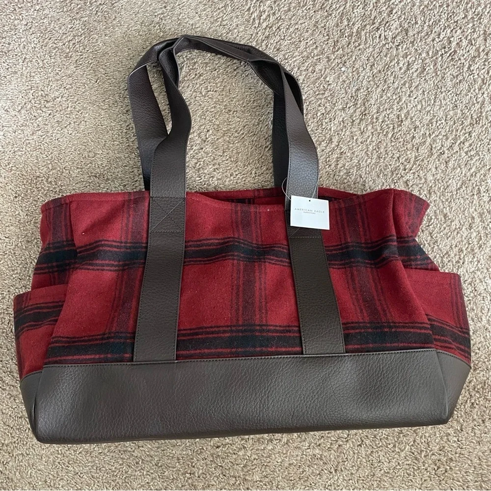 American Eagle Outfitters Red Plaid Duffel Tote with Brown Trim new